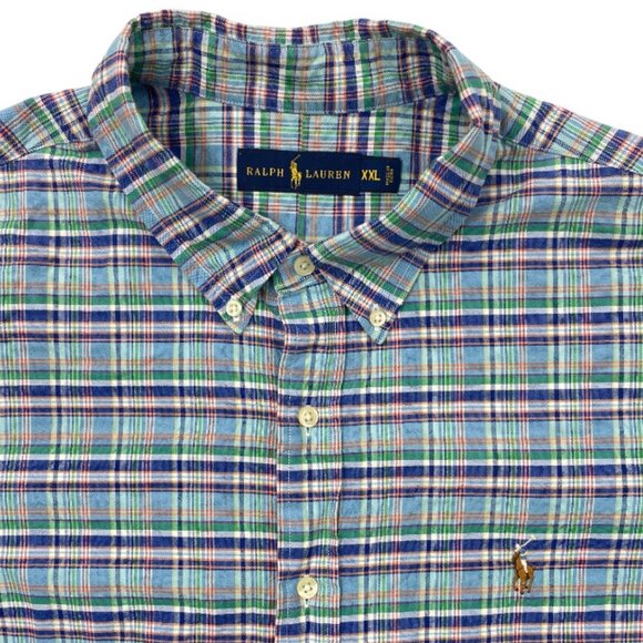 Polo Ralph Lauren Blue Green Plaid Button Long Sleeve 2XL Cotton Shirt Men's XXL - Picture 1 of 7